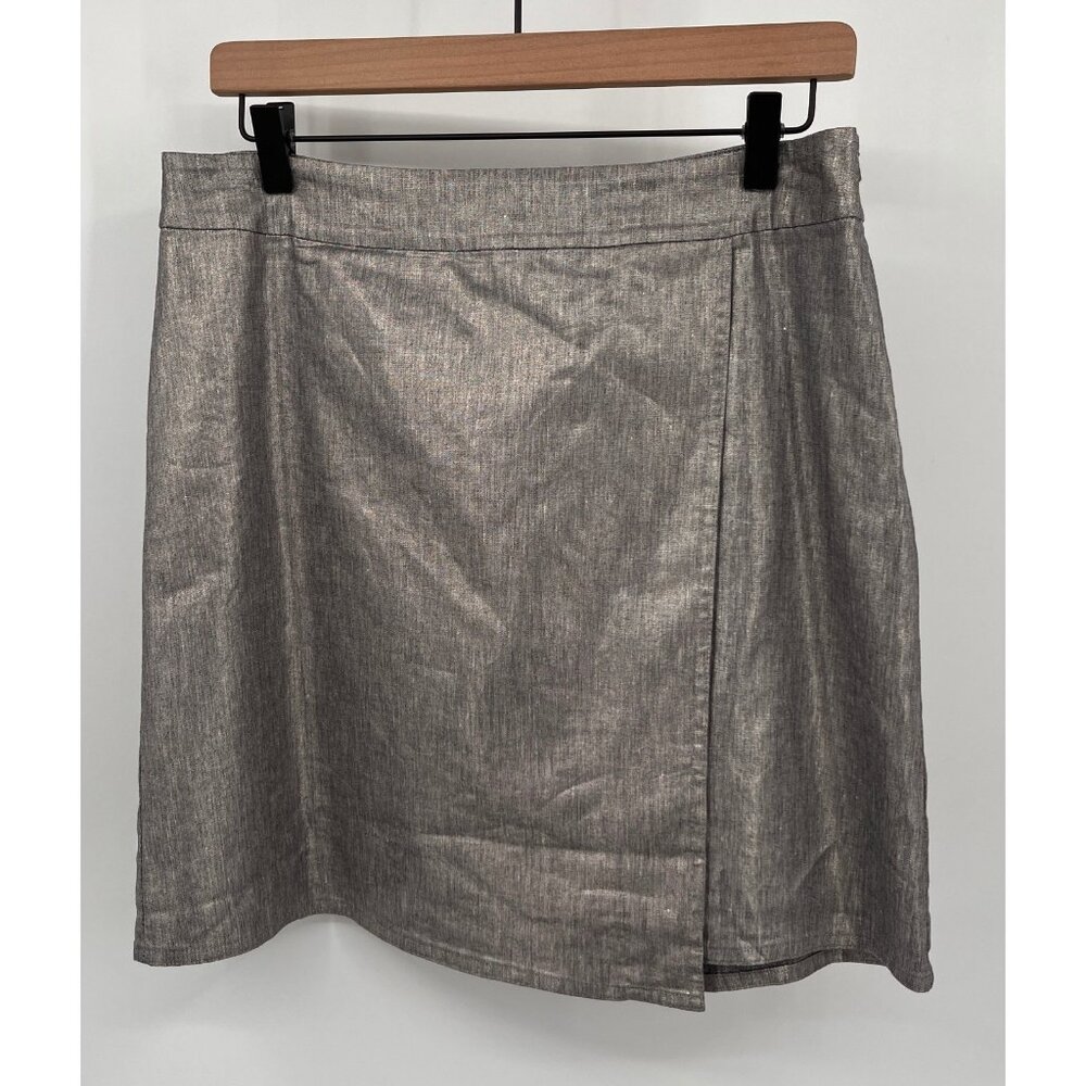Eileen Fisher Faux Wrap Skirt Size Petite M Silver Metallic Linen Blend